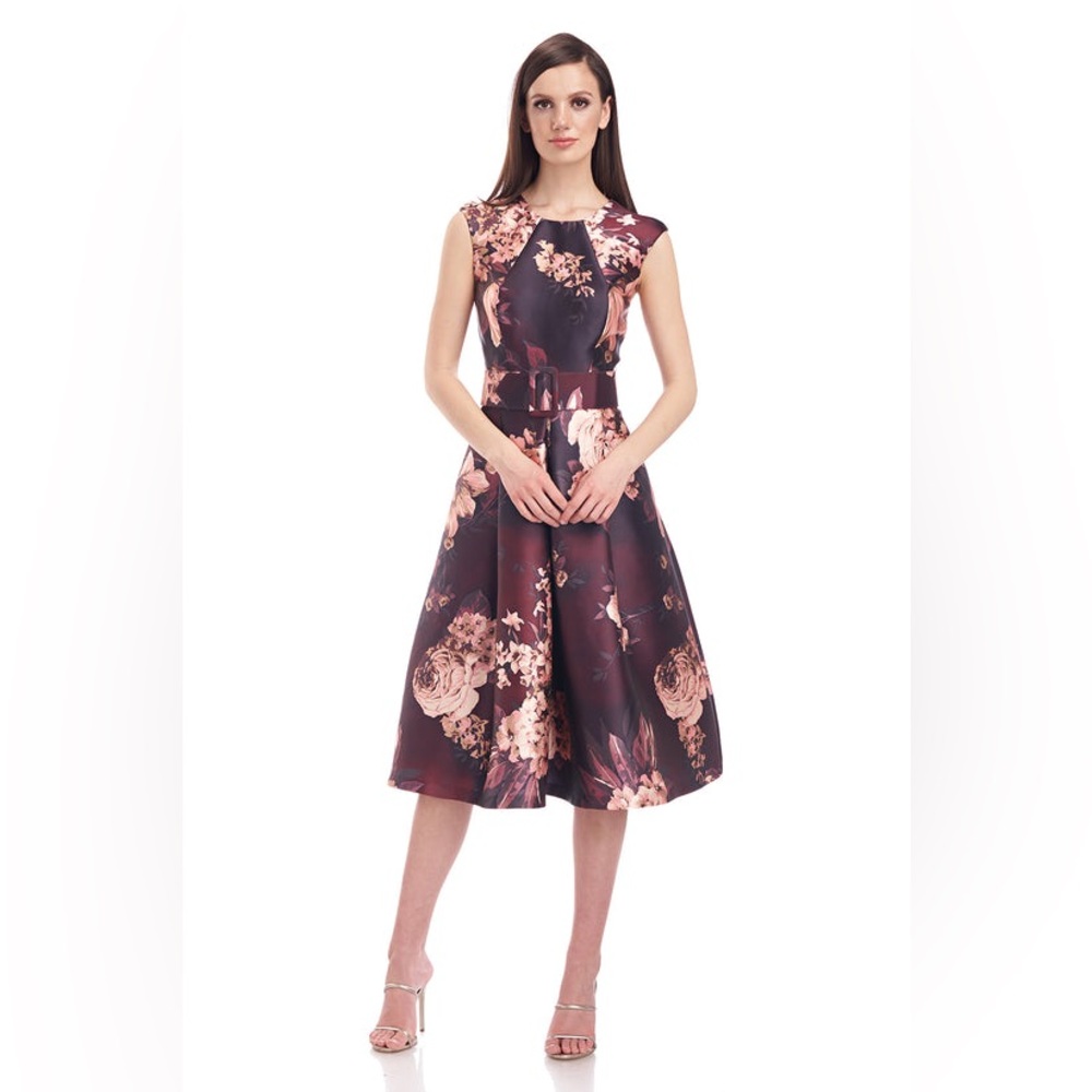 Kay Unger Jordana Floral Print Belted Midi Dress